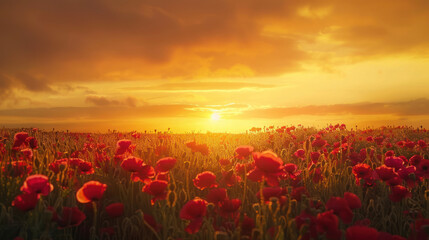 The ethereal beauty of a sunset over a field of poppies, the vibrant red flowers standing out against the golden backdrop of the sky.