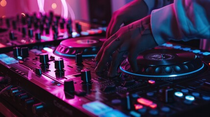 DJ playing in front of an audience at the club, surrounded by vibrant lights and smoke machine...