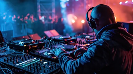 DJ playing in front of an audience at the club, surrounded by vibrant lights and smoke machine effects