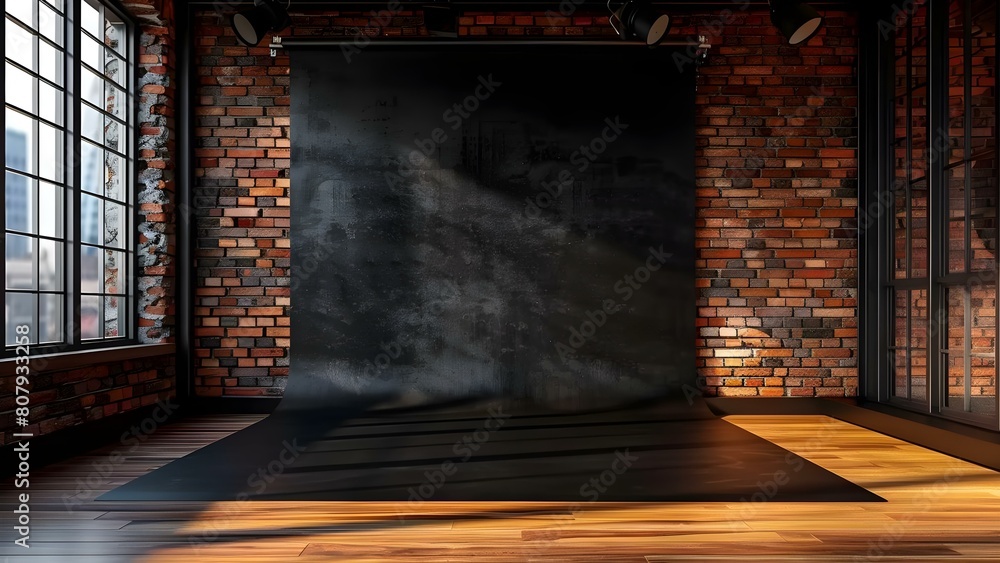 Poster 3d rendering of an empty photo studio with black background and brick wall. concept 3d rendering, em