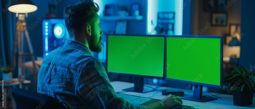 Aufkleber in his studio, a creative middle aged designer is using a desktop computer with two green mock-up sc