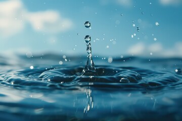 water drop falling on water surface with light blue sky