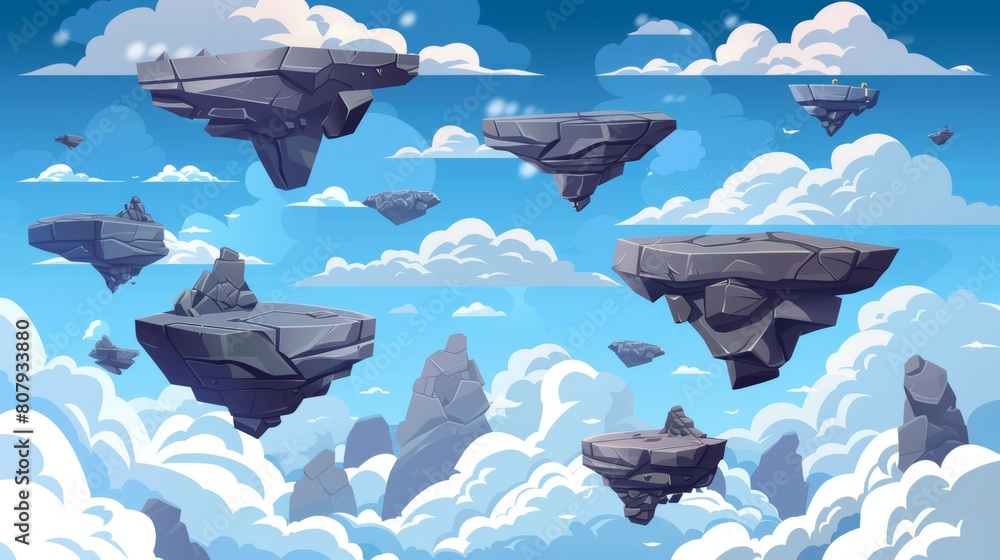 Poster the gray stone floating islands in the blue sky with clouds are a nice design element for level uis.
