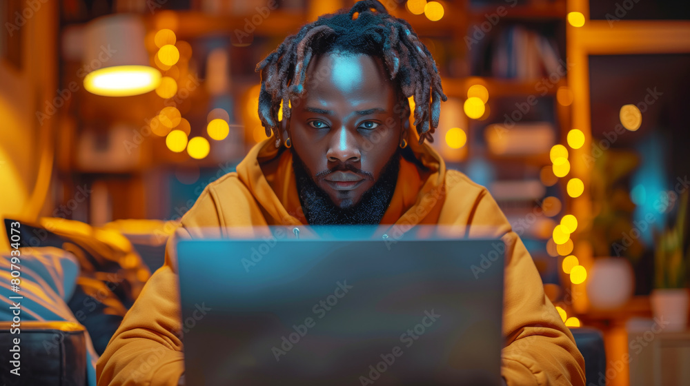 Poster a man wearing a yellow hoodie is sitting in front of a laptop. he is looking at the screen with a se