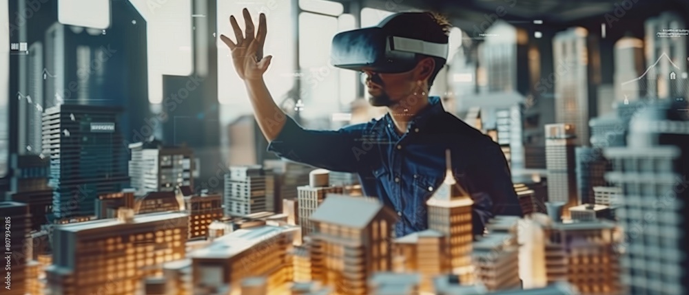 Poster virtual reality headset used by professional architect to design, manipulate buildings for 3d city. 