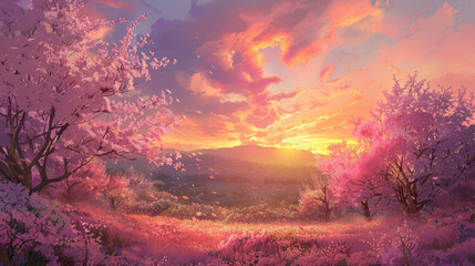 Obraz premium The serene beauty of a sunset over a field of delicate cherry blossoms, the sky ablaze with hues of pink and orange.