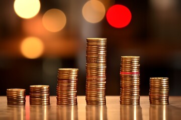 Stacks of gold coins on the table with bokeh background