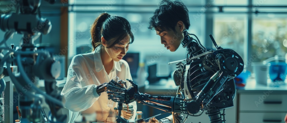 Poster the chief engineer and chief scientist in robotics development laboratory work on a prototype of a b