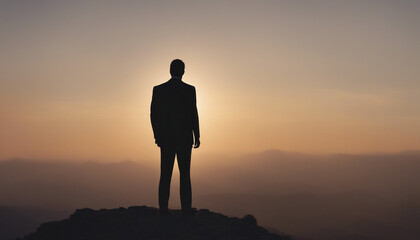 silhouette of a businessman in a suit standing on a high mountain peak 
