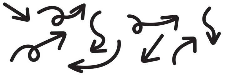 Set of black hand drawn arrows isolated on white. Vector illustration. Hand drawn doodle sketch style. Decoration for web design