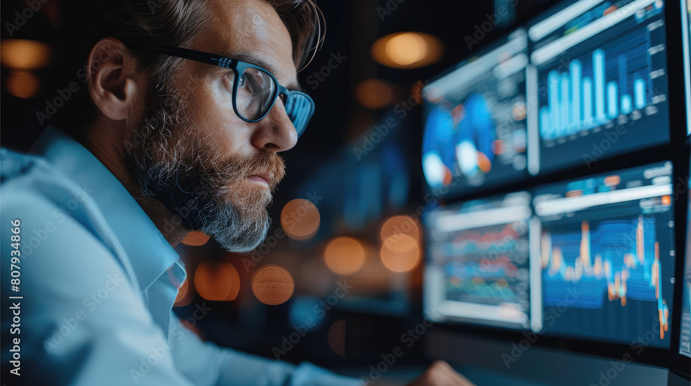 Aufkleber data analyst is deeply focused on a sophisticated sales and access dashboard, ai driven analytics fo