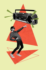 Vertical collage photo placard poster of millennial dj man in sunglasses index finger boombox cassette player isolated on grey background