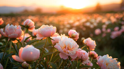 The serene majesty of a sunset over a field of peony flowers, their lush blooms bathed in the warm, golden light of dusk.