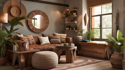 Step into a bohemian paradise with this unique living room design. The warm tones and natural elements create a sense of tranquility, while the alarm clock on the wooden table adds a touch of whimsy.