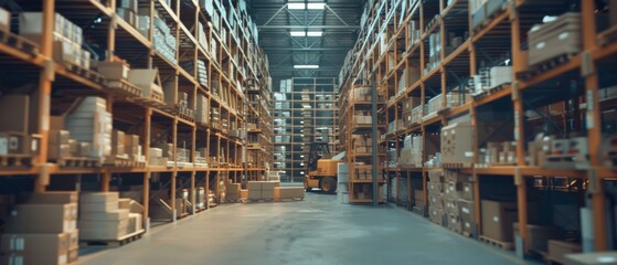 An elevated shot of a retail warehouse filled with goods in cardboard boxes, workers scanning and sorting packages and moving inventory with pallet trucks and forklifts. Part of a product