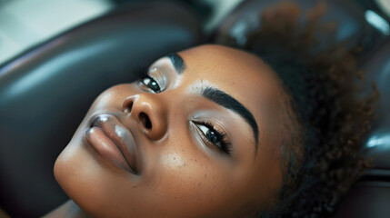 closeup of a black woman with arched eyebrows laying back in a black esthetician chair.  - Powered by Adobe