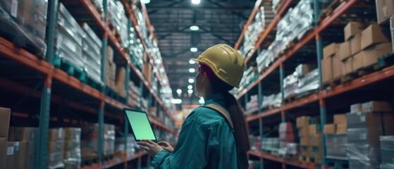 An Over the Shoulder View shows a professional female worker wearing a hard hat using a digital tablet computer with a green chroma key screen in landscape mode in a retail warehouse full of shelves