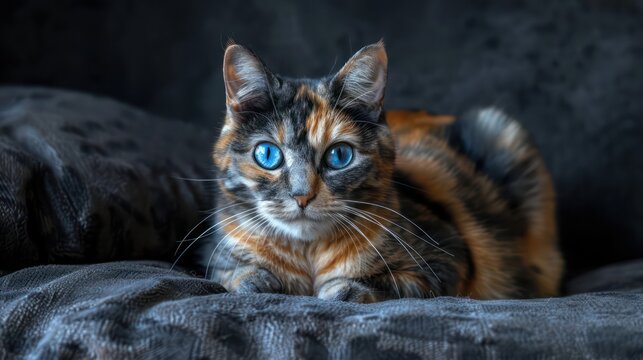 cat with blue eyes, sitting on the floor against a dark background