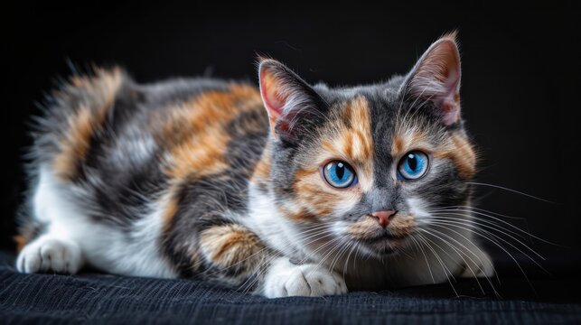 cat with blue eyes, sitting on the floor against a dark background