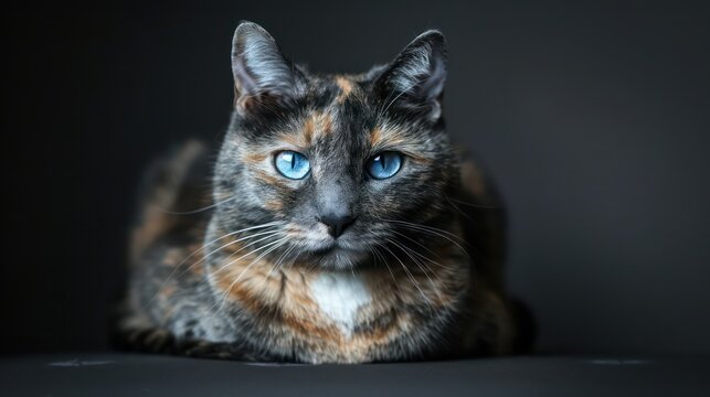 cat with blue eyes, sitting on the floor against a dark background