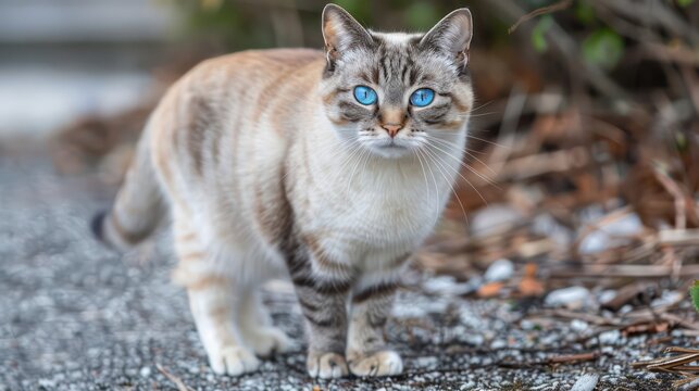 cat with blue eyes, sitting on the floor against a dark background