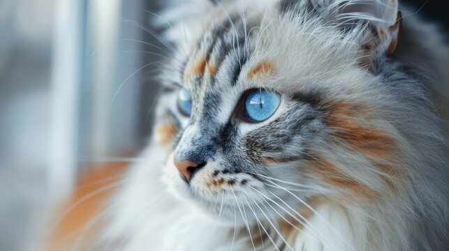 cat with blue eyes, sitting on the floor against a dark background