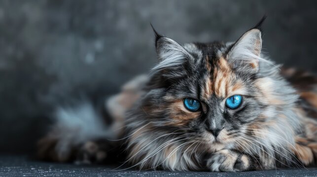 cat with blue eyes, sitting on the floor against a dark background