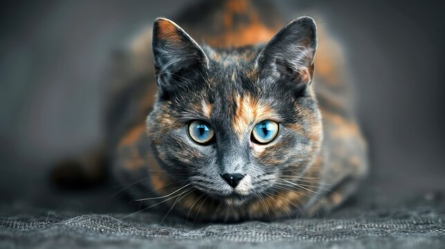 cat with blue eyes, sitting on the floor against a dark background