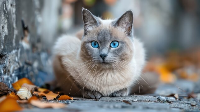 cat with blue eyes, sitting on the floor against a dark background