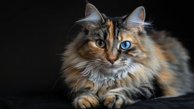 cat with blue eyes, sitting on the floor against a dark background