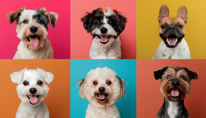 Obraz premium Collage with different dogs on color background