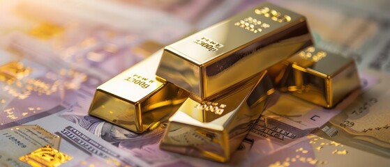 Gold bars over banknotes background