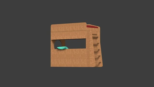 A wooden bunk bed with a pillow and a green plant on top. The bed is on a dark background