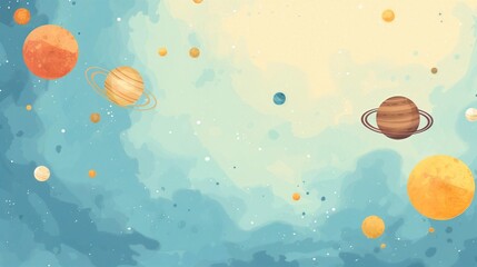 A painting of the planets in the solar system with a blue sky background