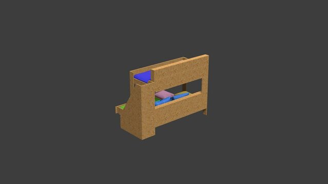 A bunk bed with a colorful bedspread and pillows. The bed is made and the pillows are arranged neatly. The bed is on a dark background, giving it a cozy and inviting feel