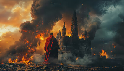 A man in a red cape stands in front of a burning castle - Powered by Adobe