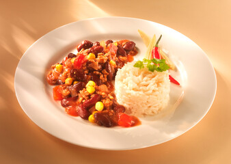 Chili con Carne, Mexico, Fleisch, Bohnen, Reis,