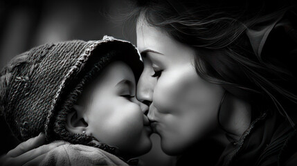 The tender moment when a mother plants a kiss on her child's forehead, reassuring them of her love.