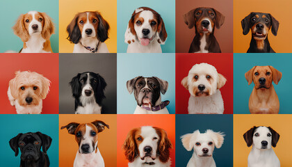 Obraz premium Collage with different dogs on color background