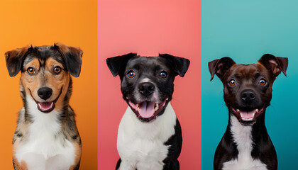Collage with different dogs on color background