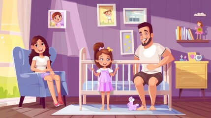 Family in nursery. Illustration of a little girl in a crib, her parents sitting in an armchair, photo frames on purple walls, toys on shelves and sunlight in the window.