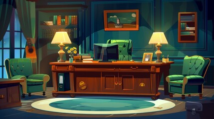 Detailed illustration of an interior study with business work space, computer and lamp on a wooden desk, leather armchairs, picture on wall, flower pot, and leather armchairs.