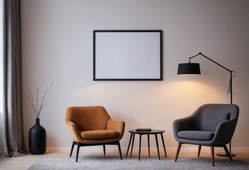 Empty blank wall frame, simple and modern cozy chair home interior background