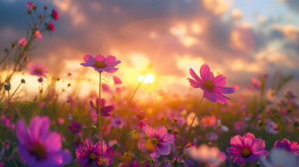The tranquil beauty of a sunset over a field of cosmos flowers, their delicate petals tinged with shades of pink, purple, and white.