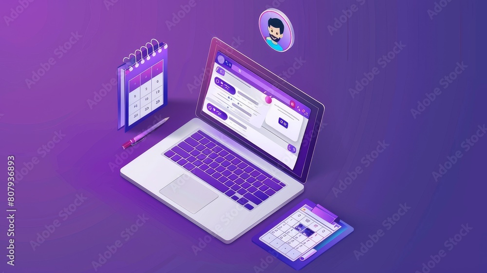 Poster isometric website design of laptop with online chat modern illustration. digital web site graphic ic
