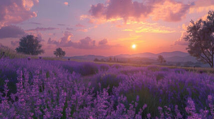 The tranquil beauty of a sunset over a field of lavender, the air filled with the sweet scent of blooming flowers as the day comes to a close.