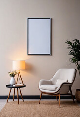 Empty blank wall frame, simple and modern cozy chair home interior background