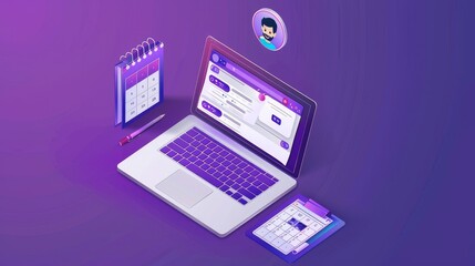 Isometric website design of laptop with online chat modern illustration. Digital web site graphic icon with bubble talk and guy avatar near calendar. Workspace for internet meetings on table.