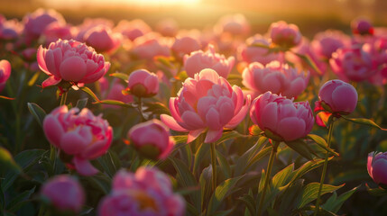 The tranquil beauty of a sunset over a field of peonies, their lush blooms casting long shadows in the fading light of day.