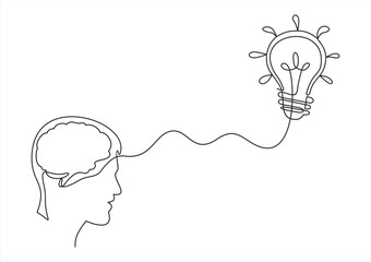 Business Idea line icon. Continuous one line with curl. Light bulb symbol. Human head sign. Idea single.One continuous drawn